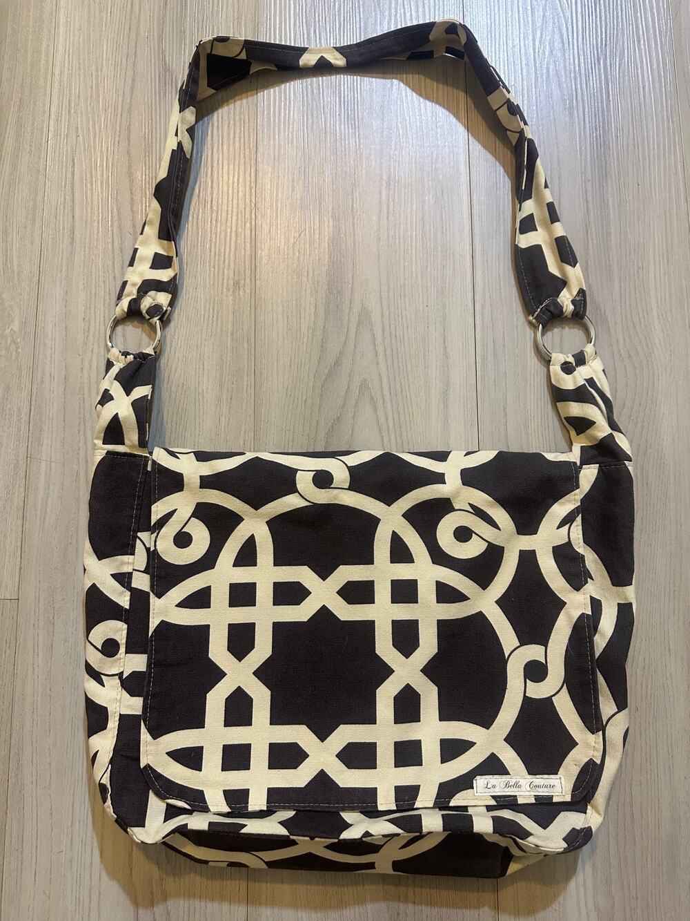 La Bella Couture Messenger Bag Geometric Link Pattern Brown Cream Shoulder